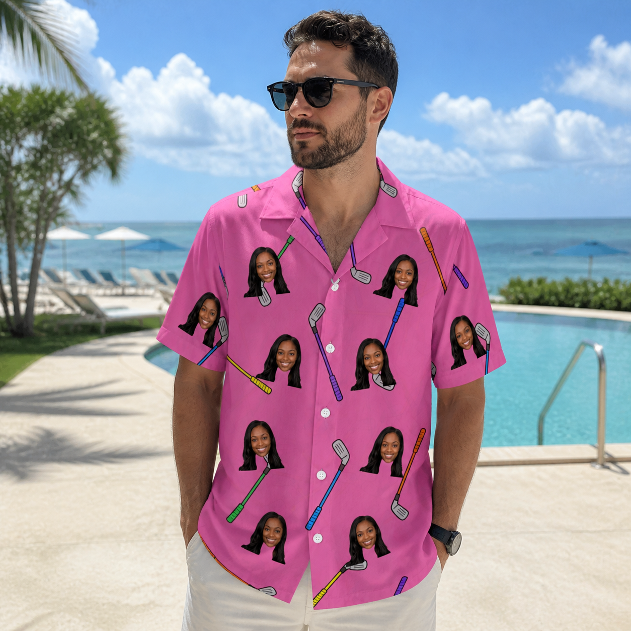 Real-life photo of someone wearing Men's Loft Legends Custom Face Hawaiian Shirt — custom faces printed all-over