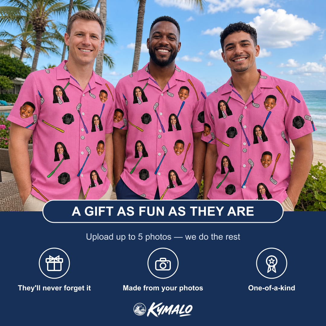 Friends in matching Men's Loft Legends Custom Face Hawaiian Shirt — a group gift photo