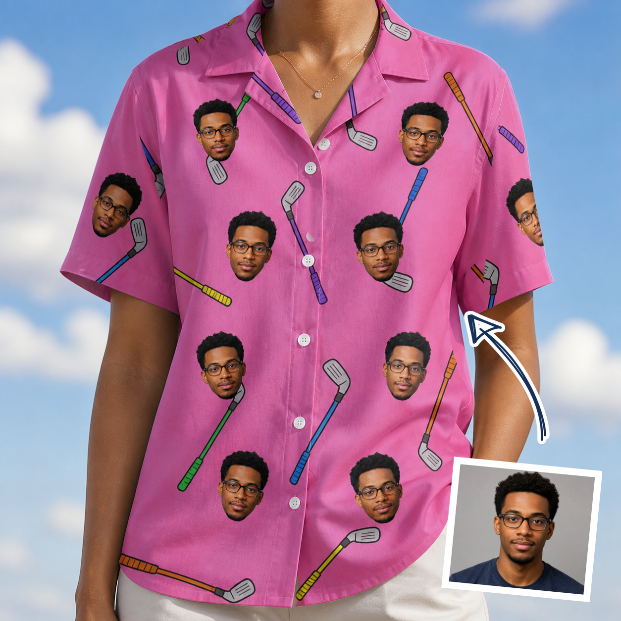Woman wearing Women's Loft Legends Custom Face Hawaiian Shirt — custom faces printed all-over