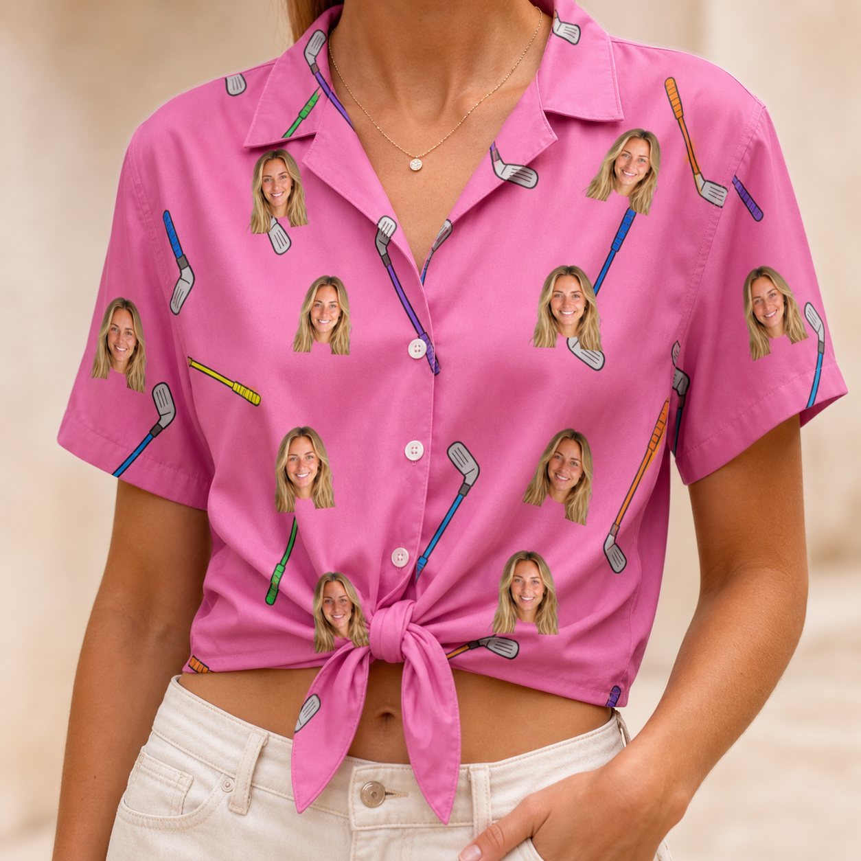 Woman wearing Women's Loft Legends Custom Face Hawaiian Shirt tied at the waist