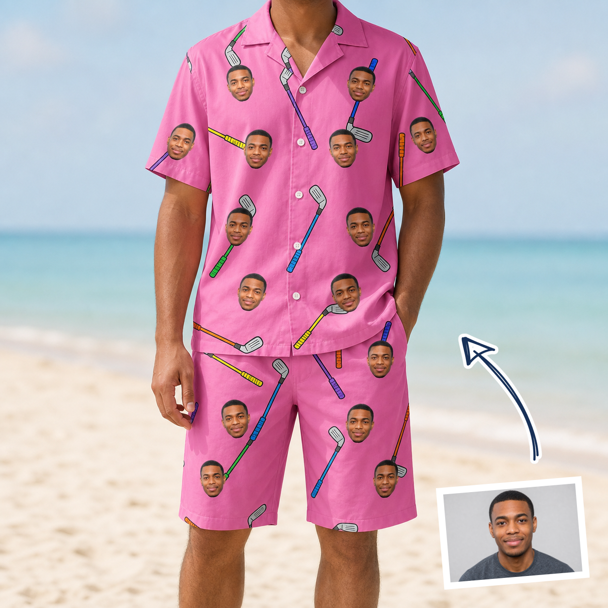 Man wearing Men's Loft Legends Custom Face Shirt & Shorts Set — custom faces printed all-over