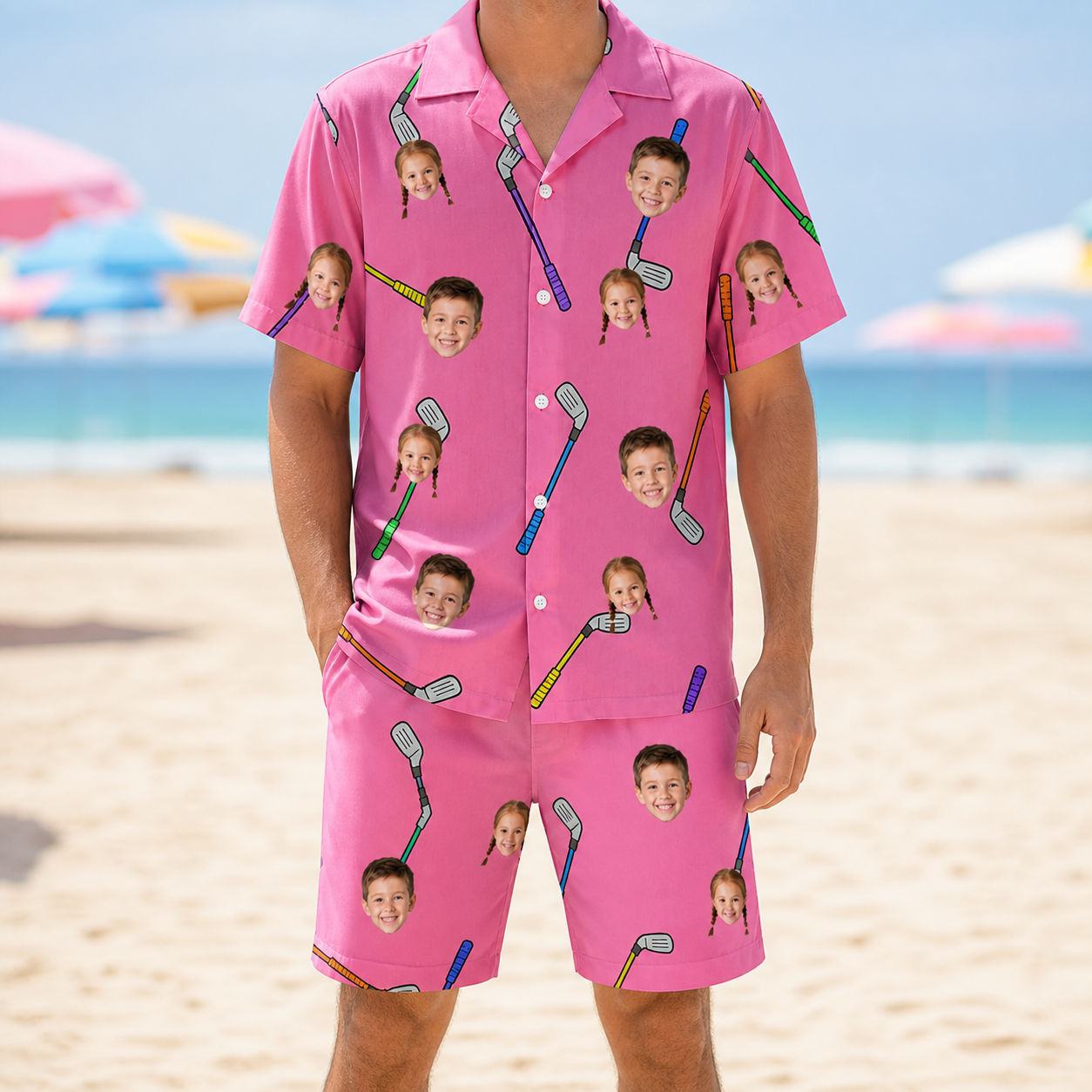 Model wearing Men's Loft Legends Custom Face Shirt & Shorts Set printed with kids' faces