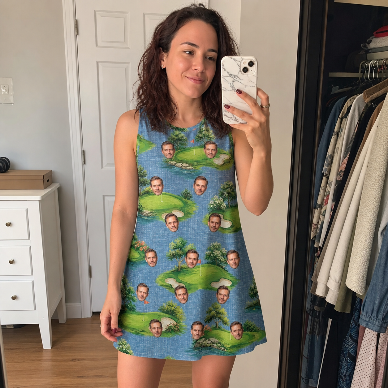 Real-life photo of someone wearing Women's Mulligan Meadows Custom Face Tank Dress — custom faces printed all-over