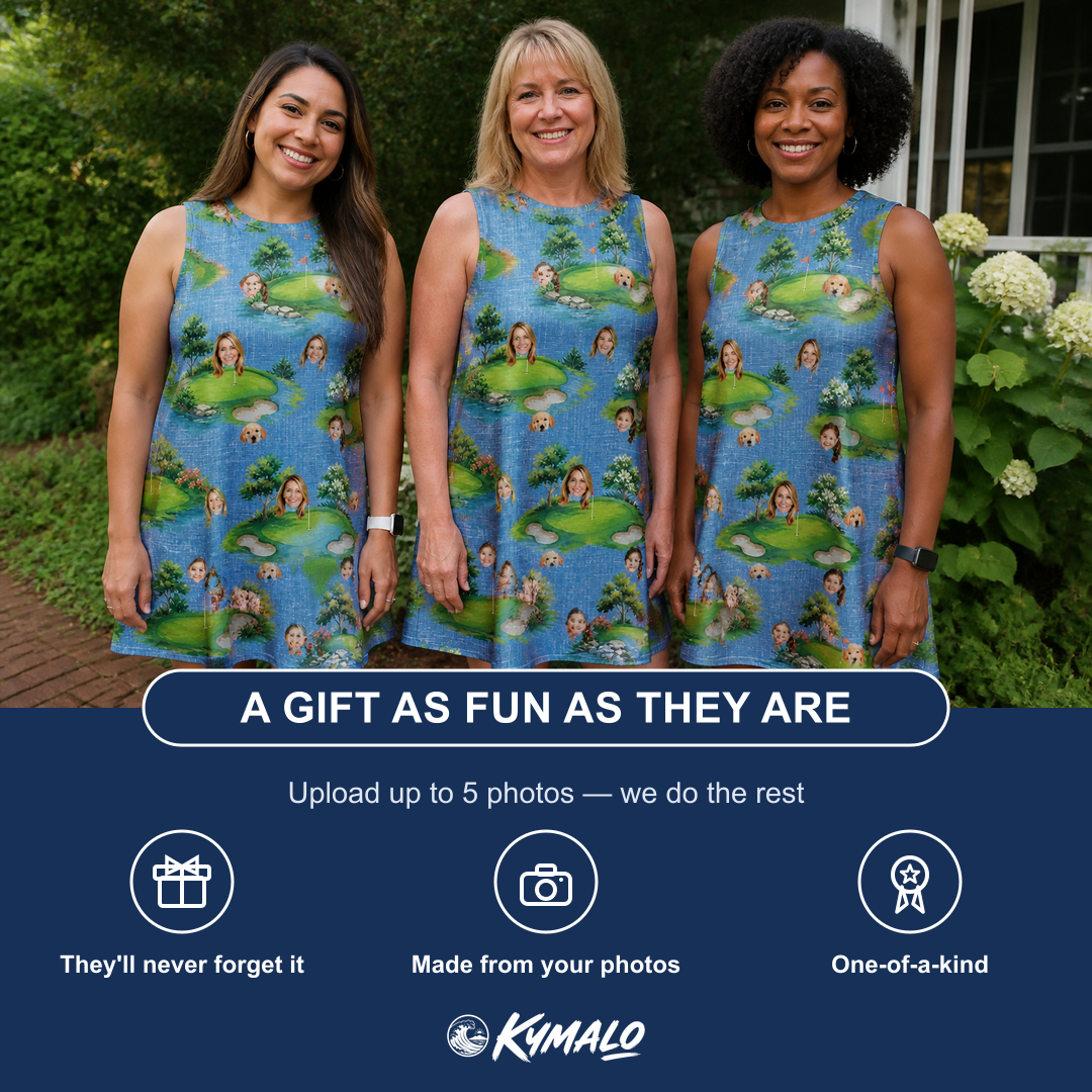 Friends in matching Women's Mulligan Meadows Custom Face Tank Dress — a group gift photo