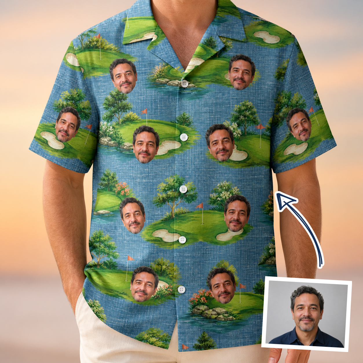 Man wearing Men's Mulligan Meadows Custom Face Hawaiian Shirt — custom faces printed all-over