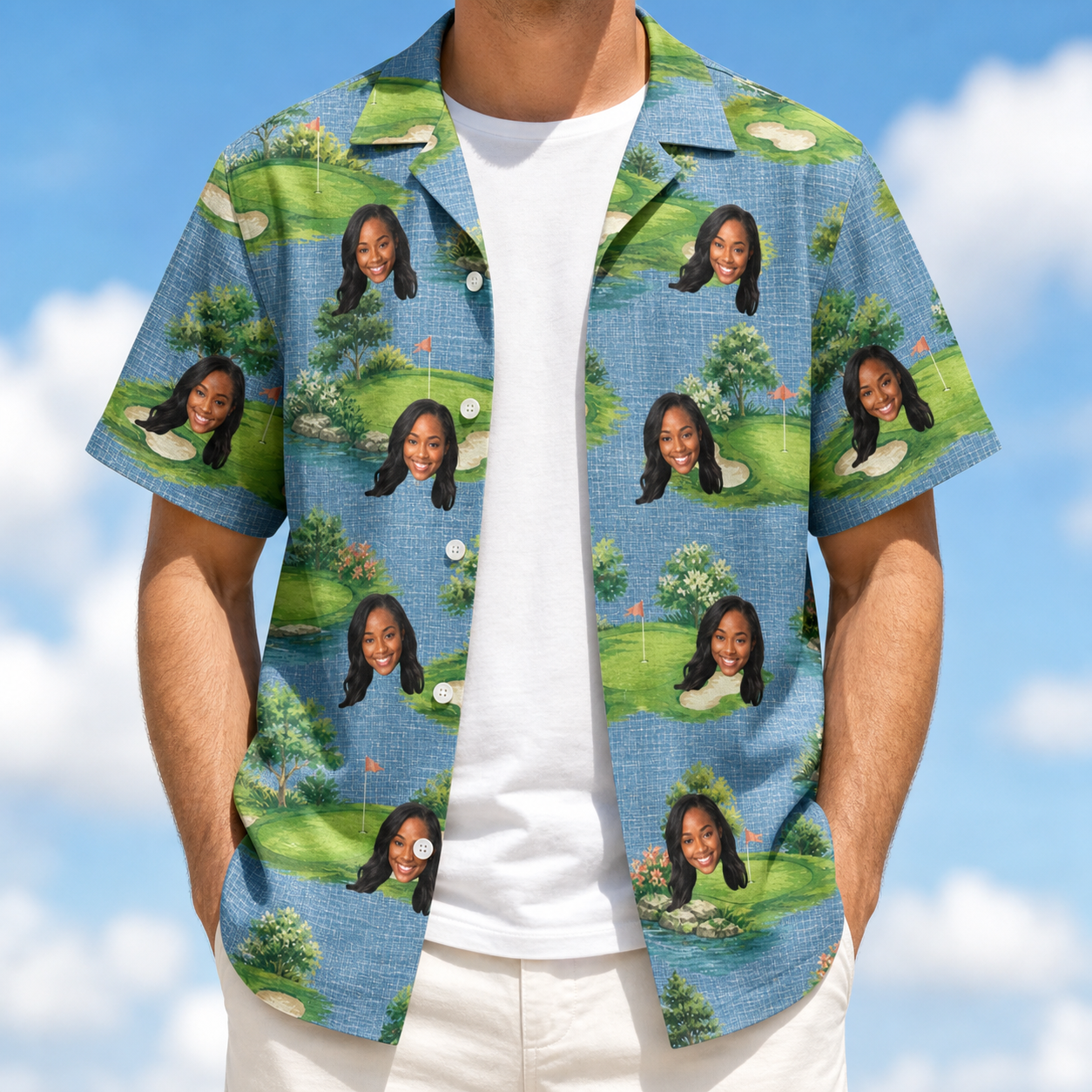 Man wearing Men's Mulligan Meadows Custom Face Hawaiian Shirt open over a white tee