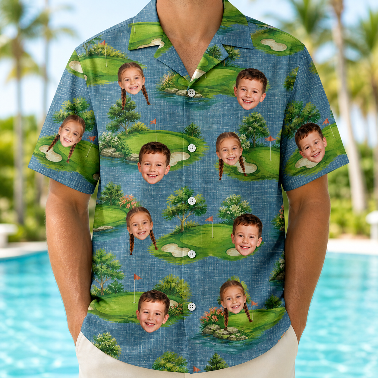 Model wearing Men's Mulligan Meadows Custom Face Hawaiian Shirt printed with kids' faces