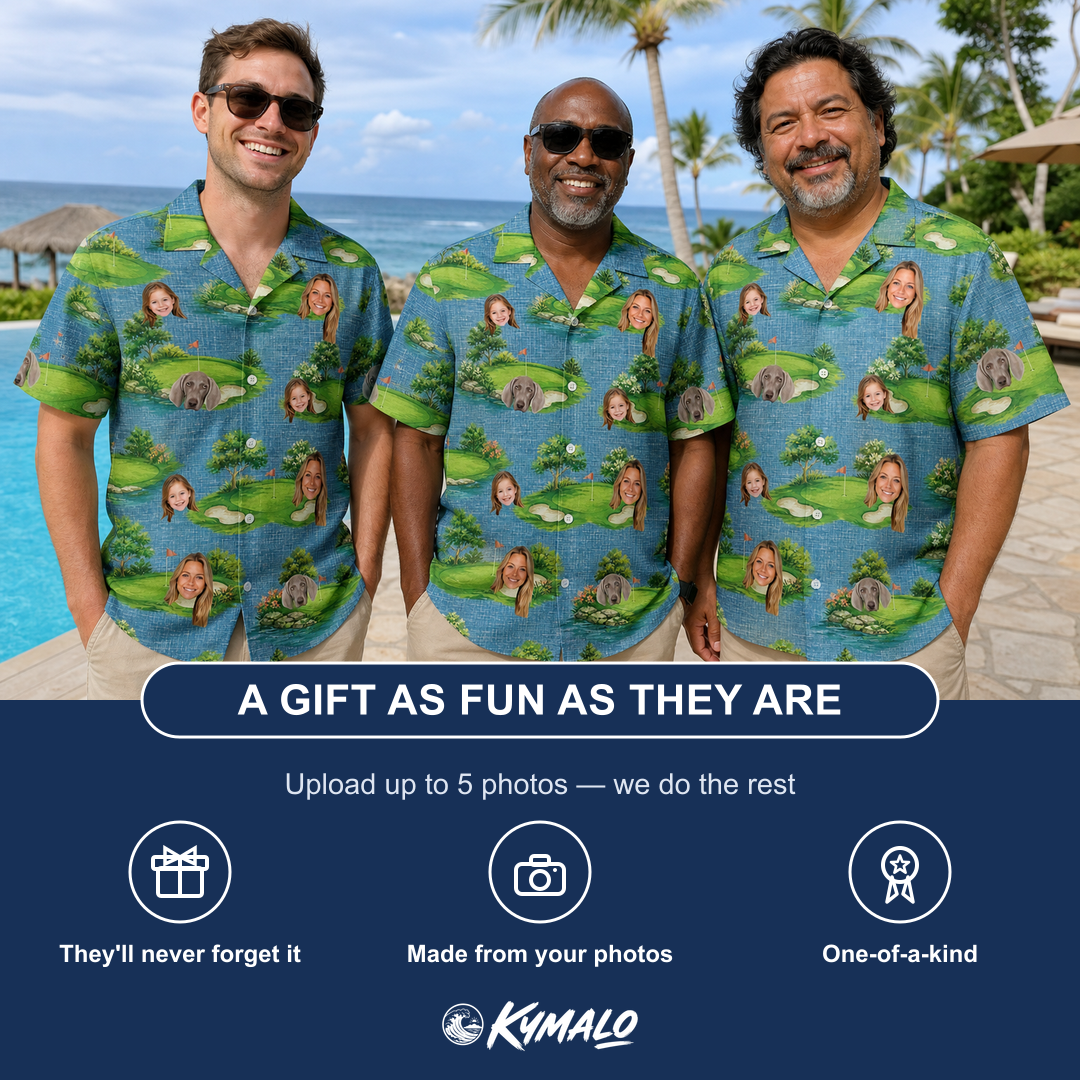 Friends in matching Men's Mulligan Meadows Custom Face Hawaiian Shirt — a group gift photo