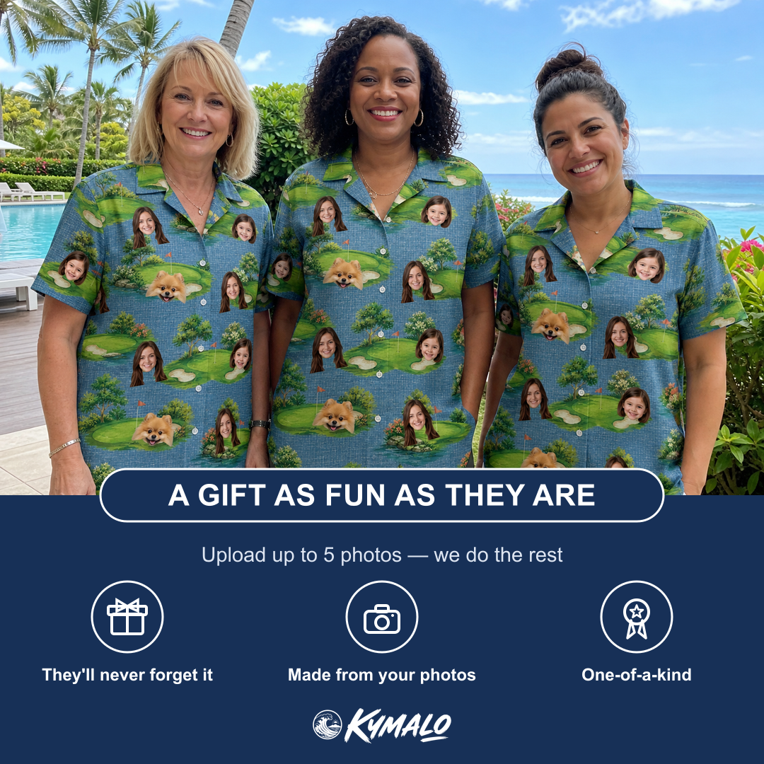 Friends in matching Women's Mulligan Meadows Custom Face Hawaiian Shirt — a group gift photo