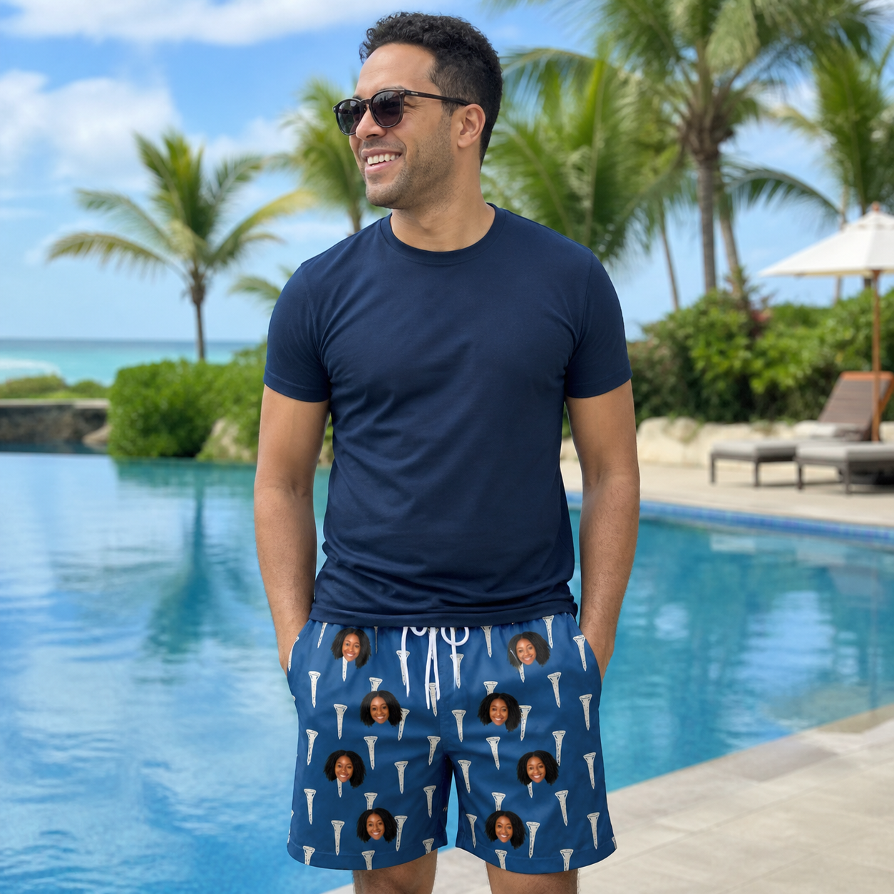 Real-life photo of someone wearing Men's Peg Pursuit Custom Face Beach Shorts — custom faces printed all-over