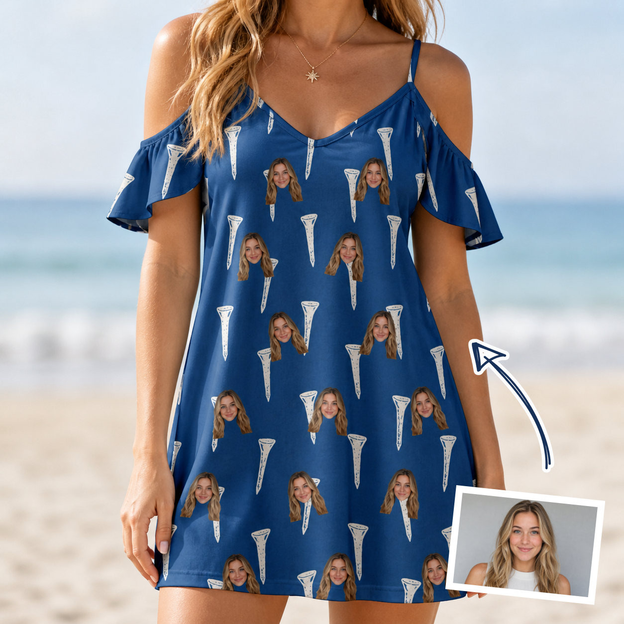 Woman wearing Women's Peg Pursuit Custom Face Off-Shoulder Dress — custom faces printed all-over