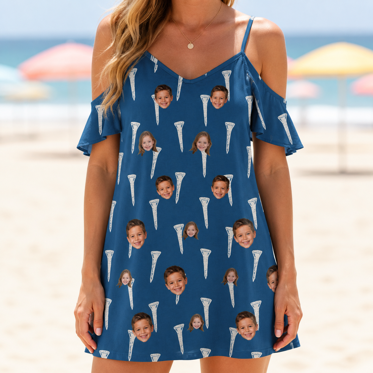 Model wearing Women's Peg Pursuit Custom Face Off-Shoulder Dress printed with kids' faces