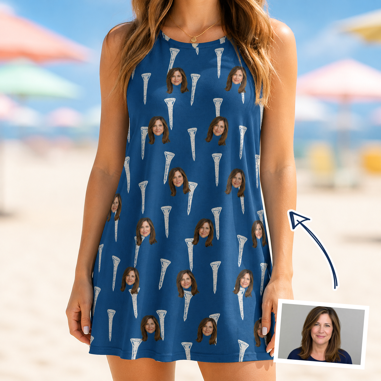Woman wearing Women's Peg Pursuit Custom Face Tank Dress — custom faces printed all-over