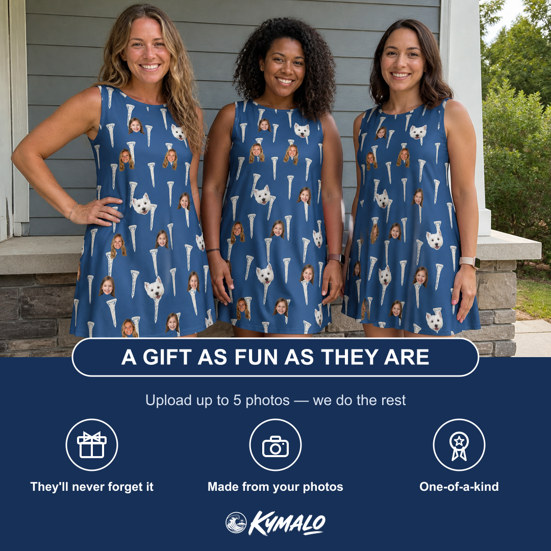 Friends in matching Women's Peg Pursuit Custom Face Tank Dress — a group gift photo