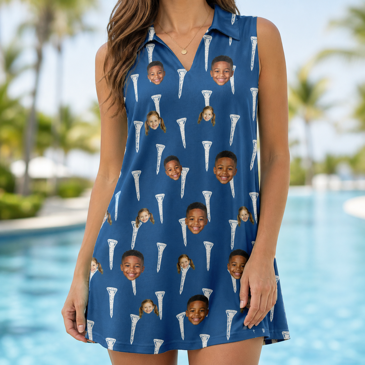 Model wearing Women's Peg Pursuit Custom Face V-Neck Dress printed with kids' faces