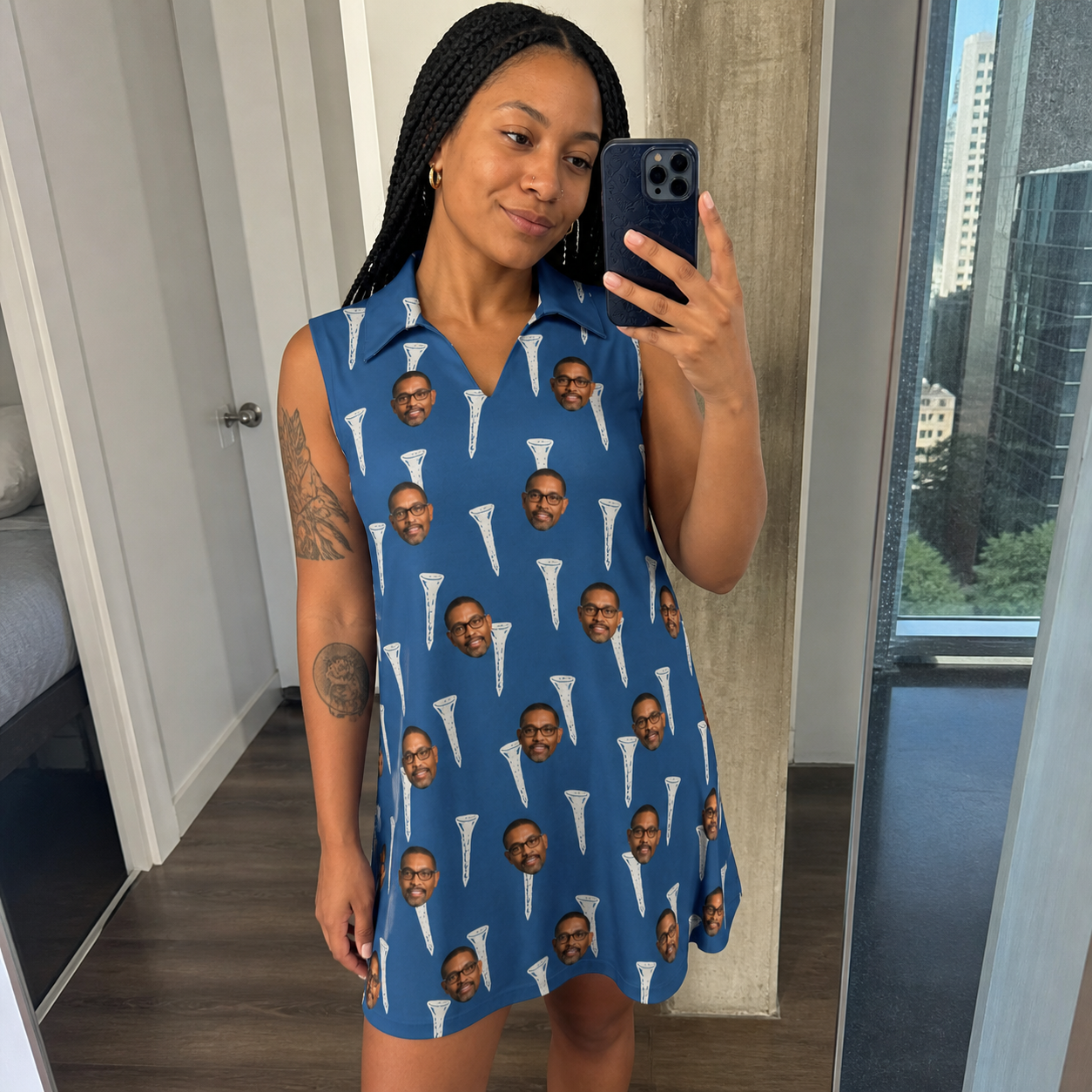 Real-life photo of someone wearing Women's Peg Pursuit Custom Face V-Neck Dress — custom faces printed all-over