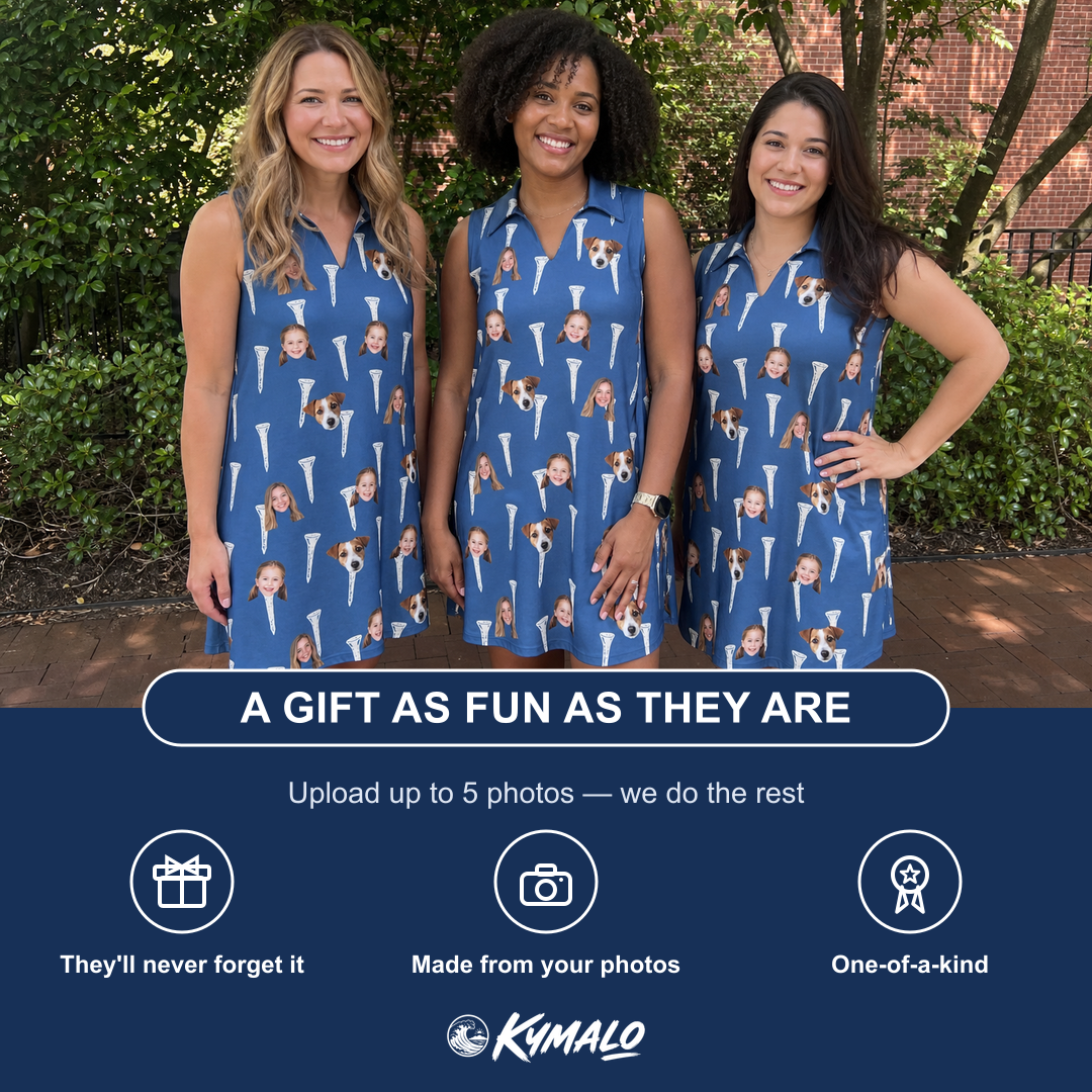 Friends in matching Women's Peg Pursuit Custom Face V-Neck Dress — a group gift photo