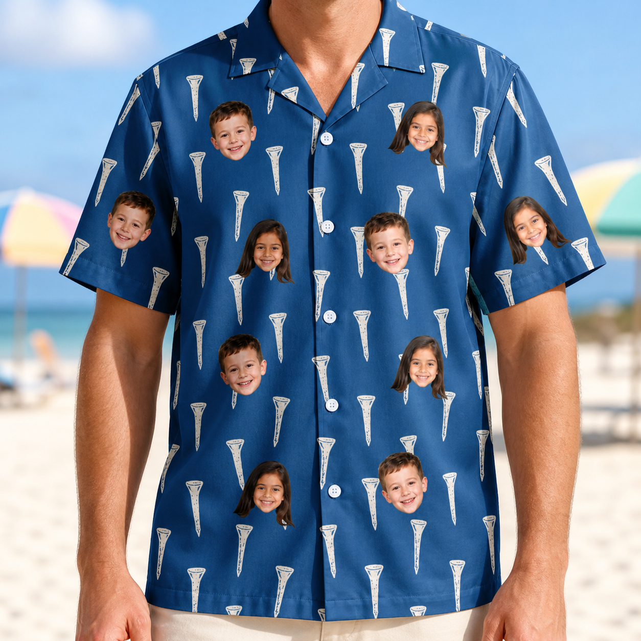 Model wearing Men's Peg Pursuit Custom Face Hawaiian Shirt printed with kids' faces