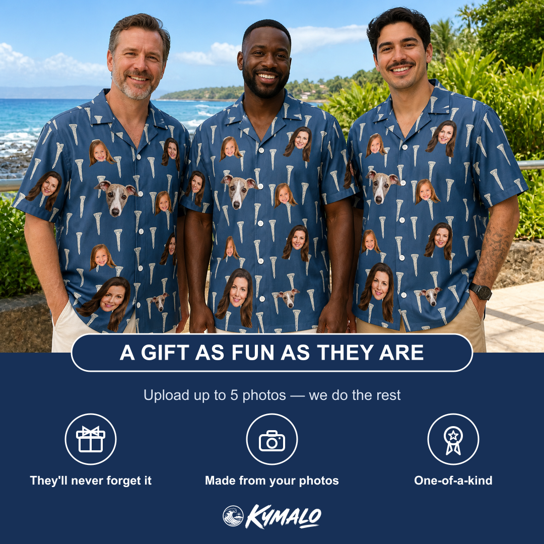Friends in matching Men's Peg Pursuit Custom Face Hawaiian Shirt — a group gift photo