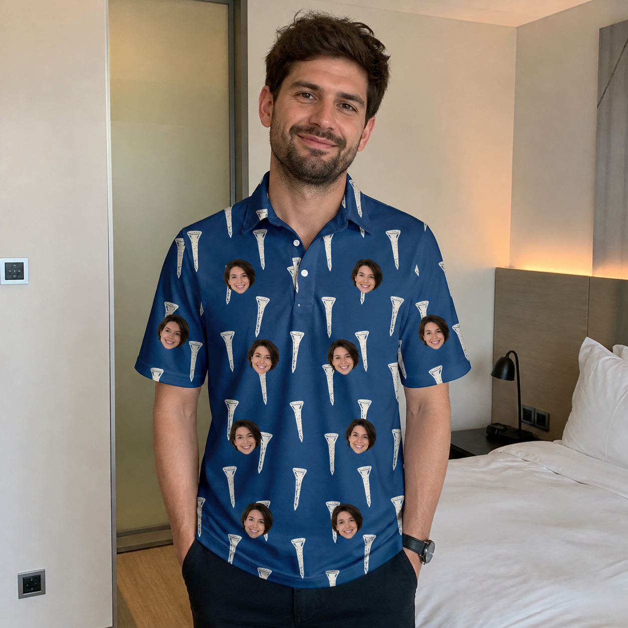 Real-life photo of someone wearing Men's Peg Pursuit Custom Face Polo Shirt — custom faces printed all-over
