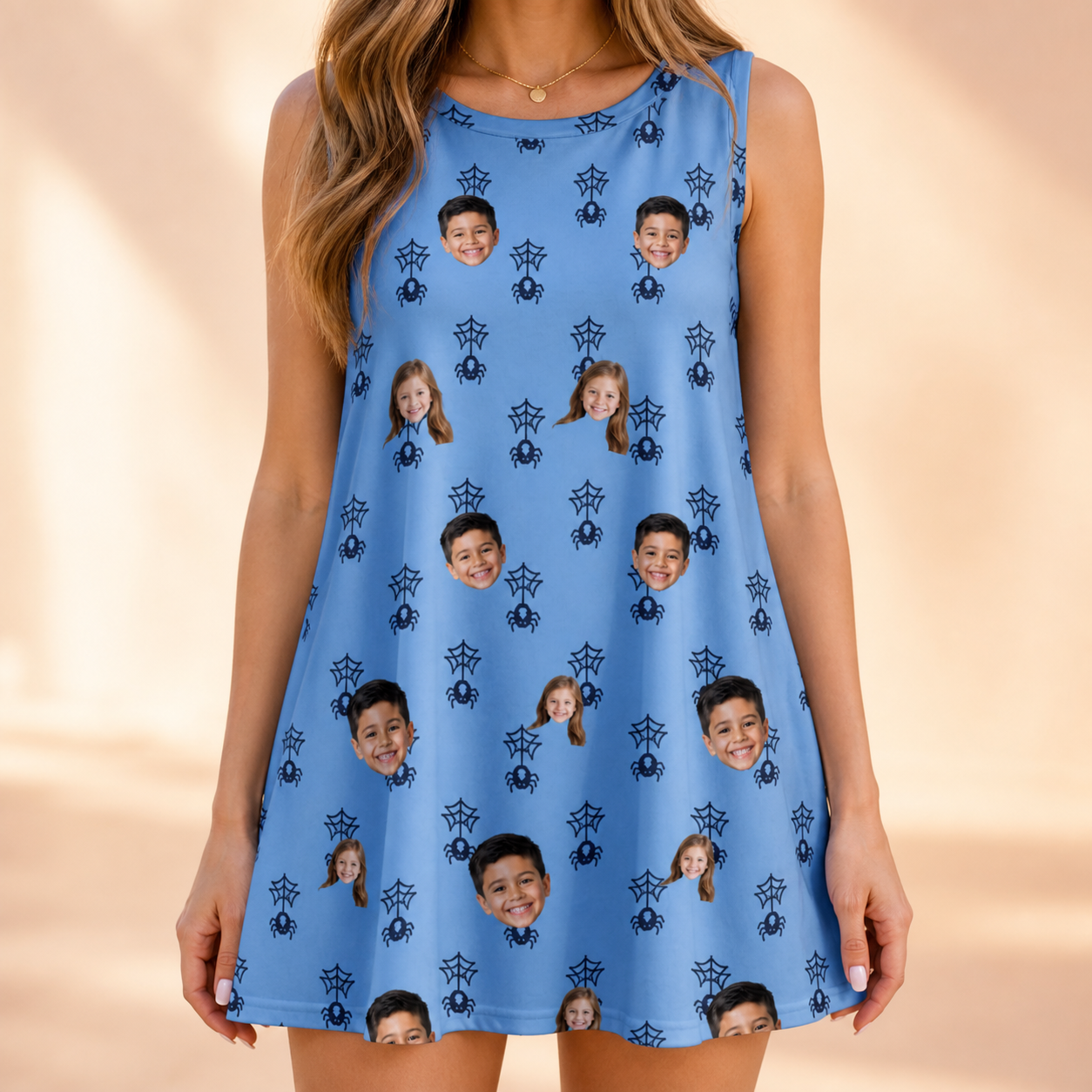 Model wearing Women's Orb Weaver Custom Face Tank Dress printed with kids' faces