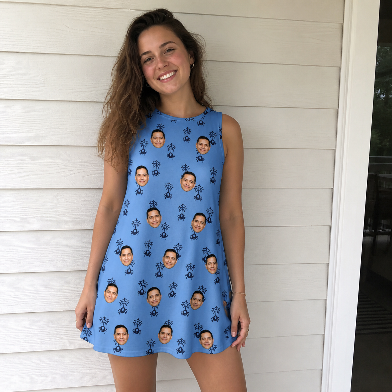 Real-life photo of someone wearing Women's Orb Weaver Custom Face Tank Dress — custom faces printed all-over