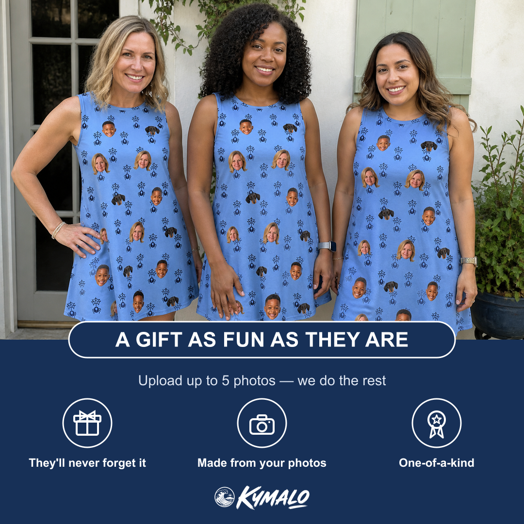 Friends in matching Women's Orb Weaver Custom Face Tank Dress — a group gift photo