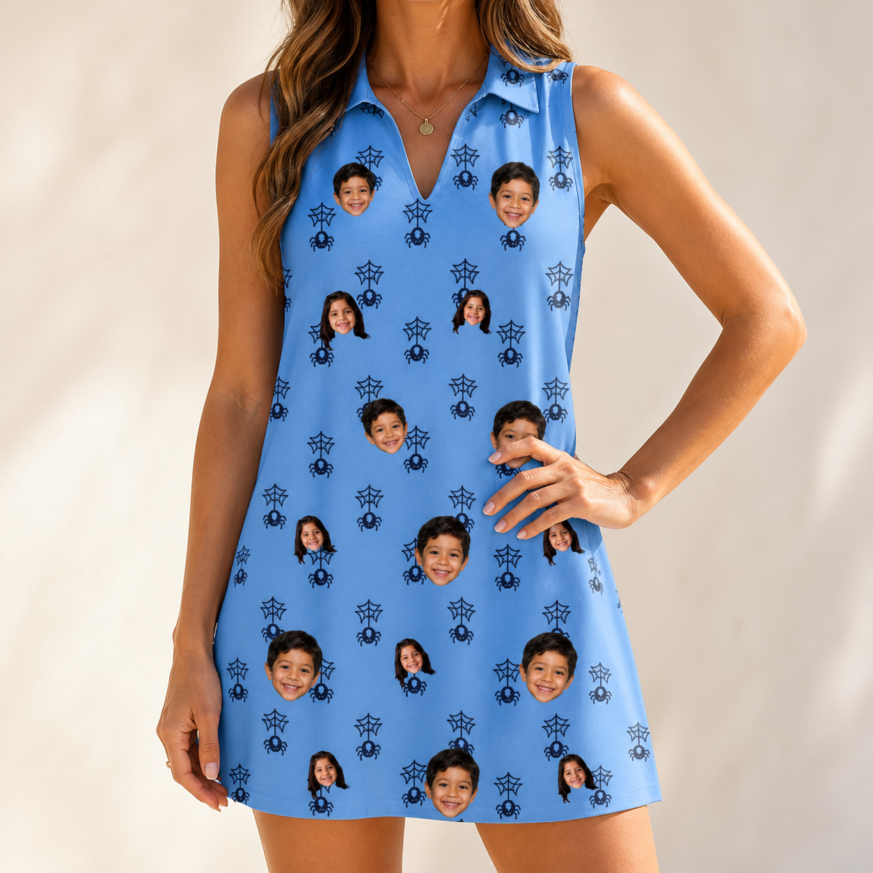 Model wearing Women's Orb Weaver Custom Face V-Neck Dress printed with kids' faces
