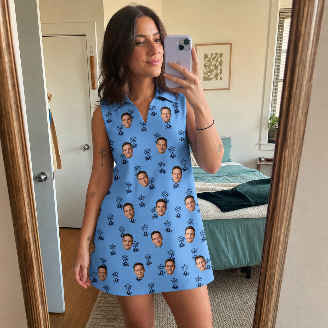 Real-life photo of someone wearing Women's Orb Weaver Custom Face V-Neck Dress — custom faces printed all-over