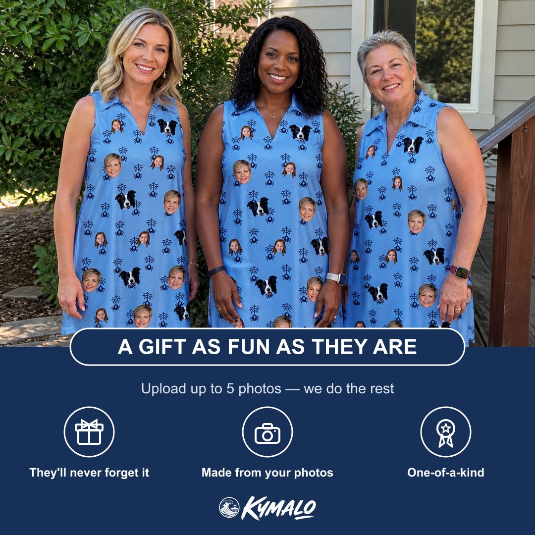 Friends in matching Women's Orb Weaver Custom Face V-Neck Dress — a group gift photo