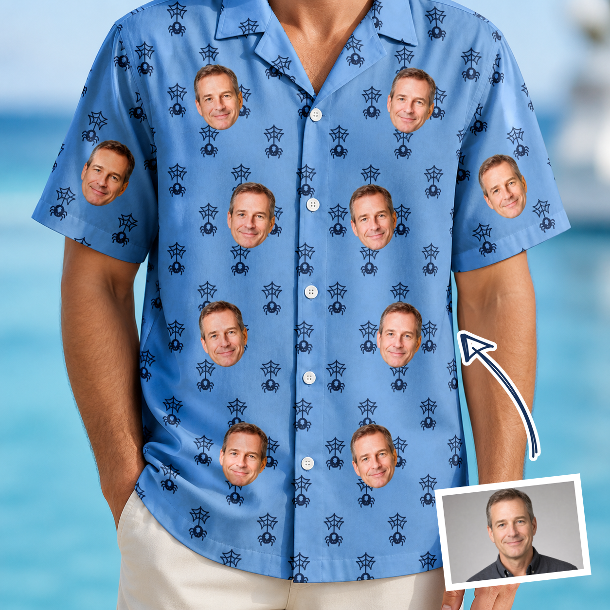 Man wearing Men's Orb Weaver Custom Face Hawaiian Shirt — custom faces printed all-over