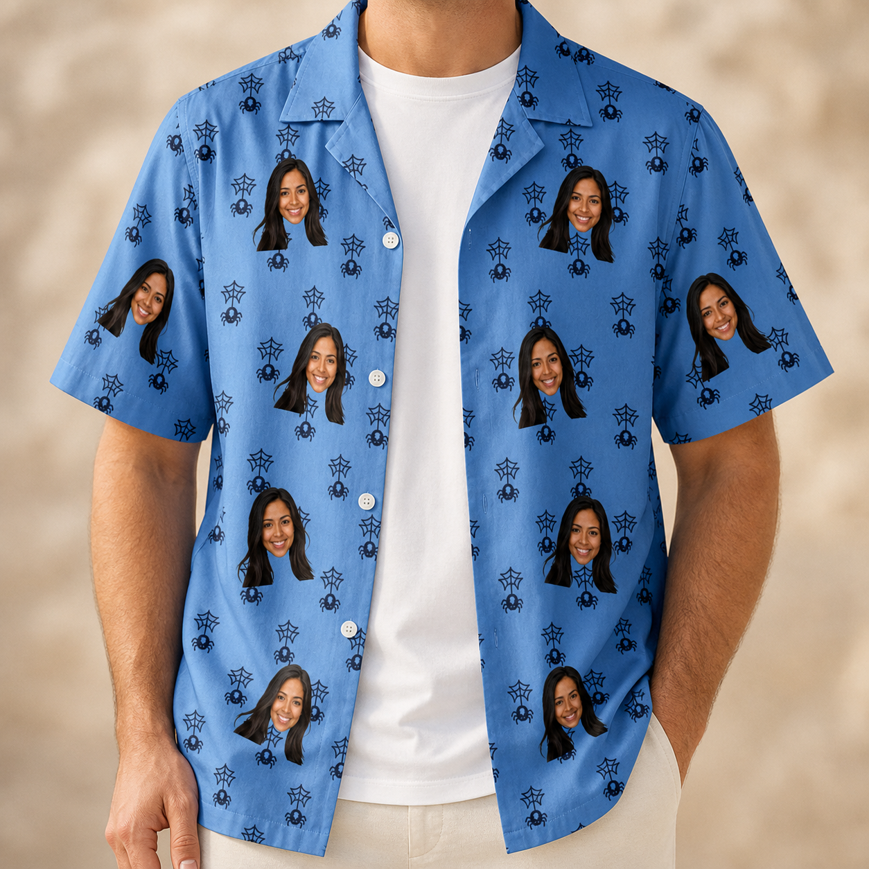 Man wearing Men's Orb Weaver Custom Face Hawaiian Shirt open over a white tee