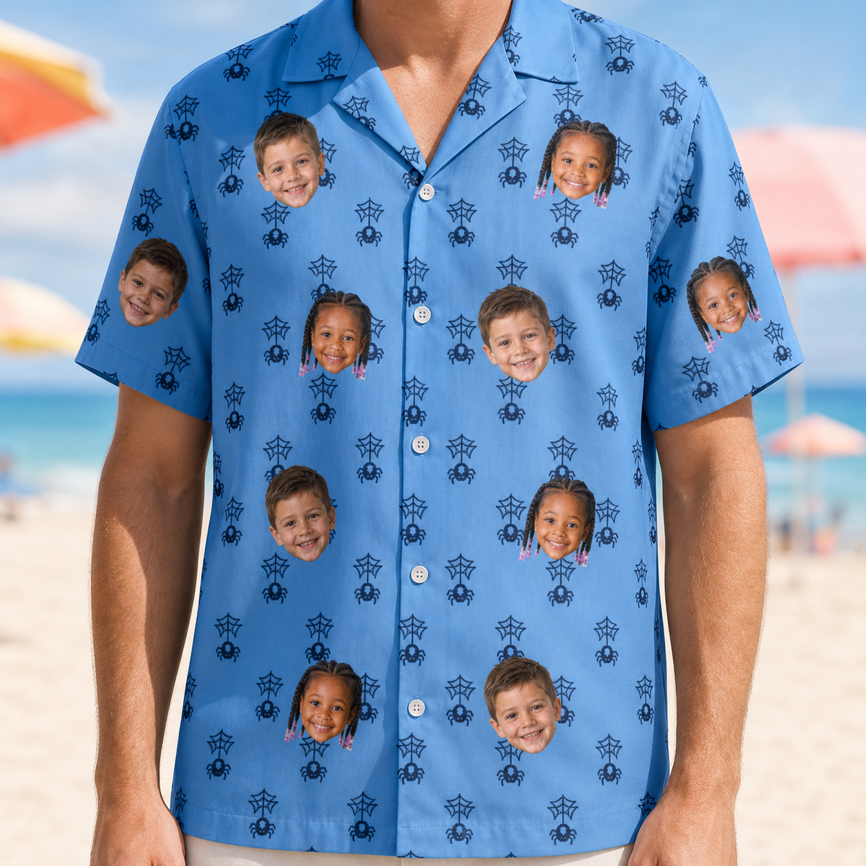 Model wearing Men's Orb Weaver Custom Face Hawaiian Shirt printed with kids' faces