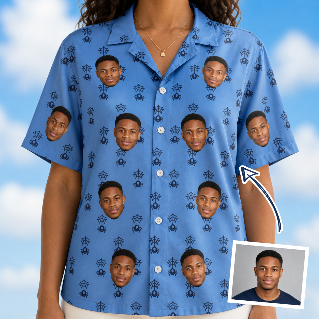 Woman wearing Women's Orb Weaver Custom Face Hawaiian Shirt — custom faces printed all-over