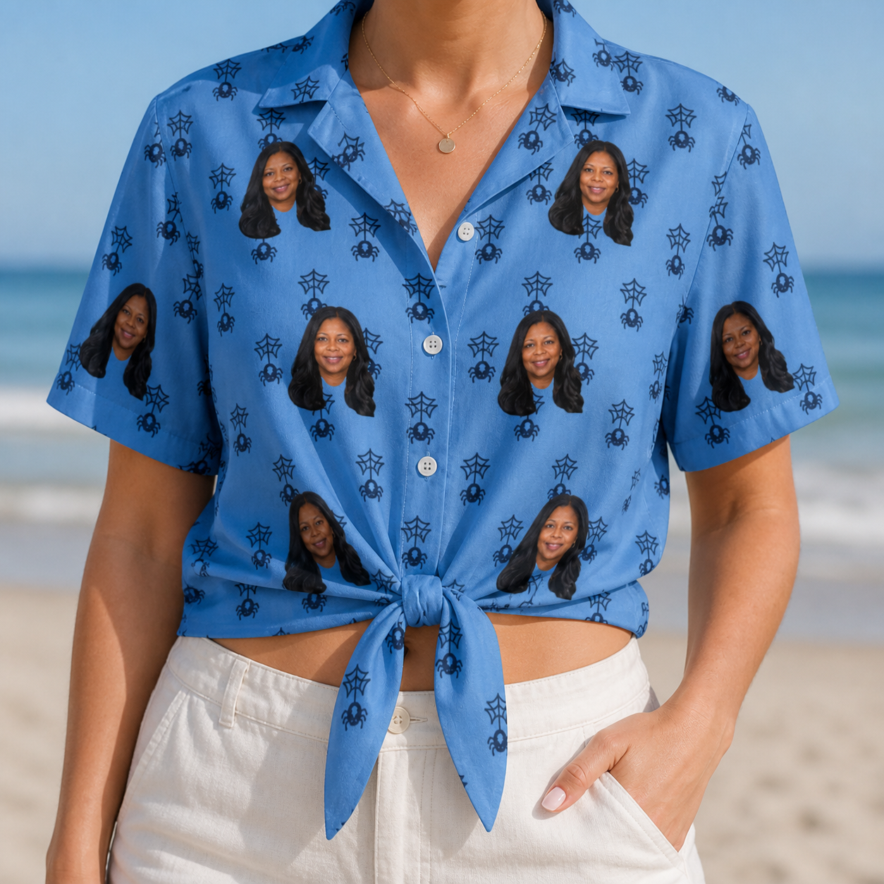 Woman wearing Women's Orb Weaver Custom Face Hawaiian Shirt tied at the waist