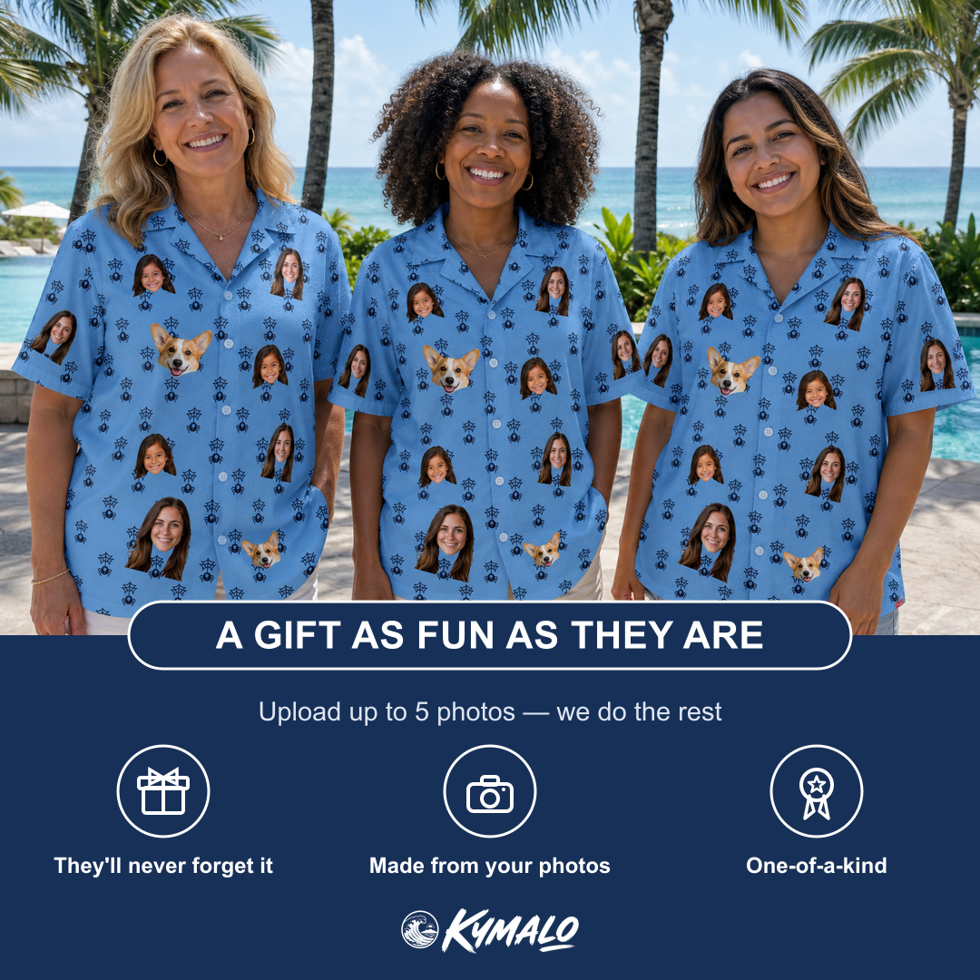 Friends in matching Women's Orb Weaver Custom Face Hawaiian Shirt — a group gift photo