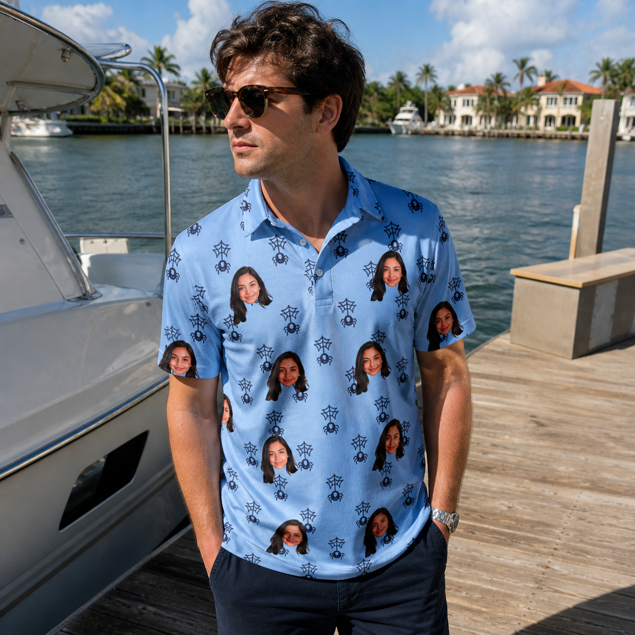Real-life photo of someone wearing Men's Orb Weaver Custom Face Polo Shirt — custom faces printed all-over