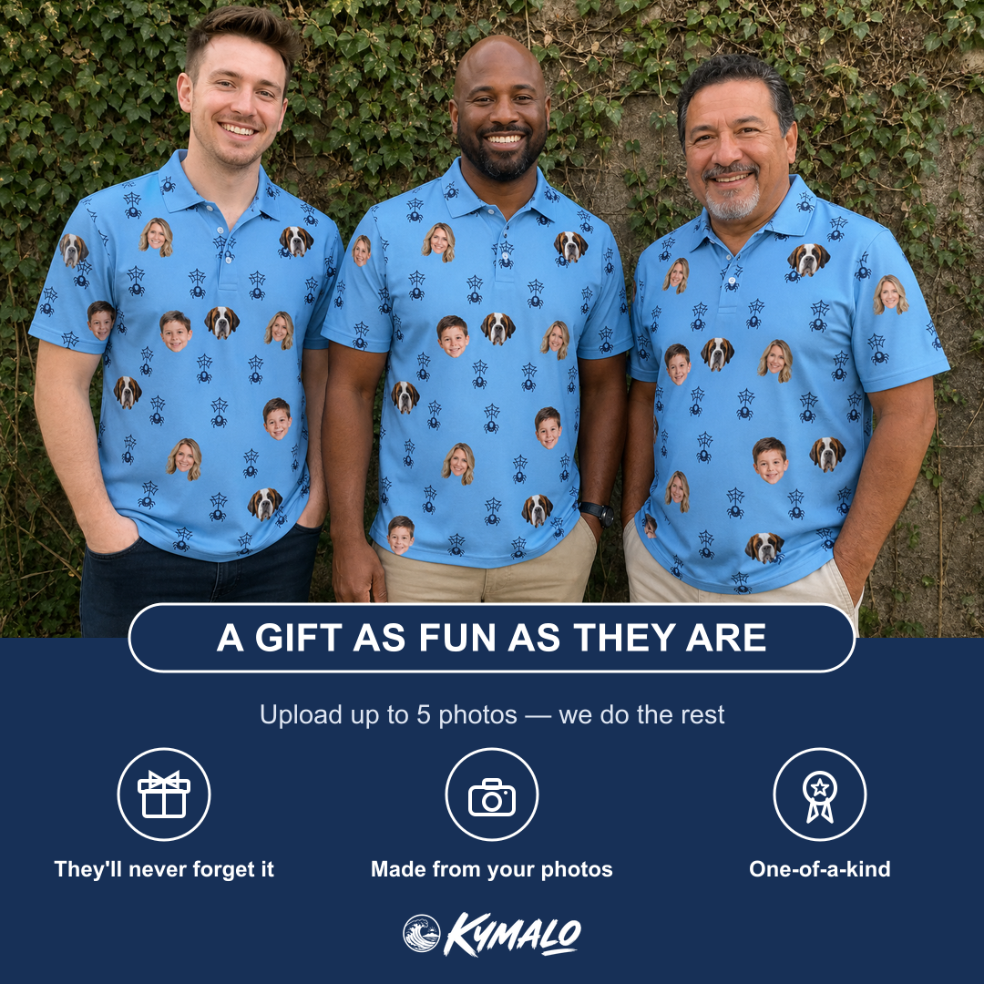 Friends in matching Men's Orb Weaver Custom Face Polo Shirt — a group gift photo