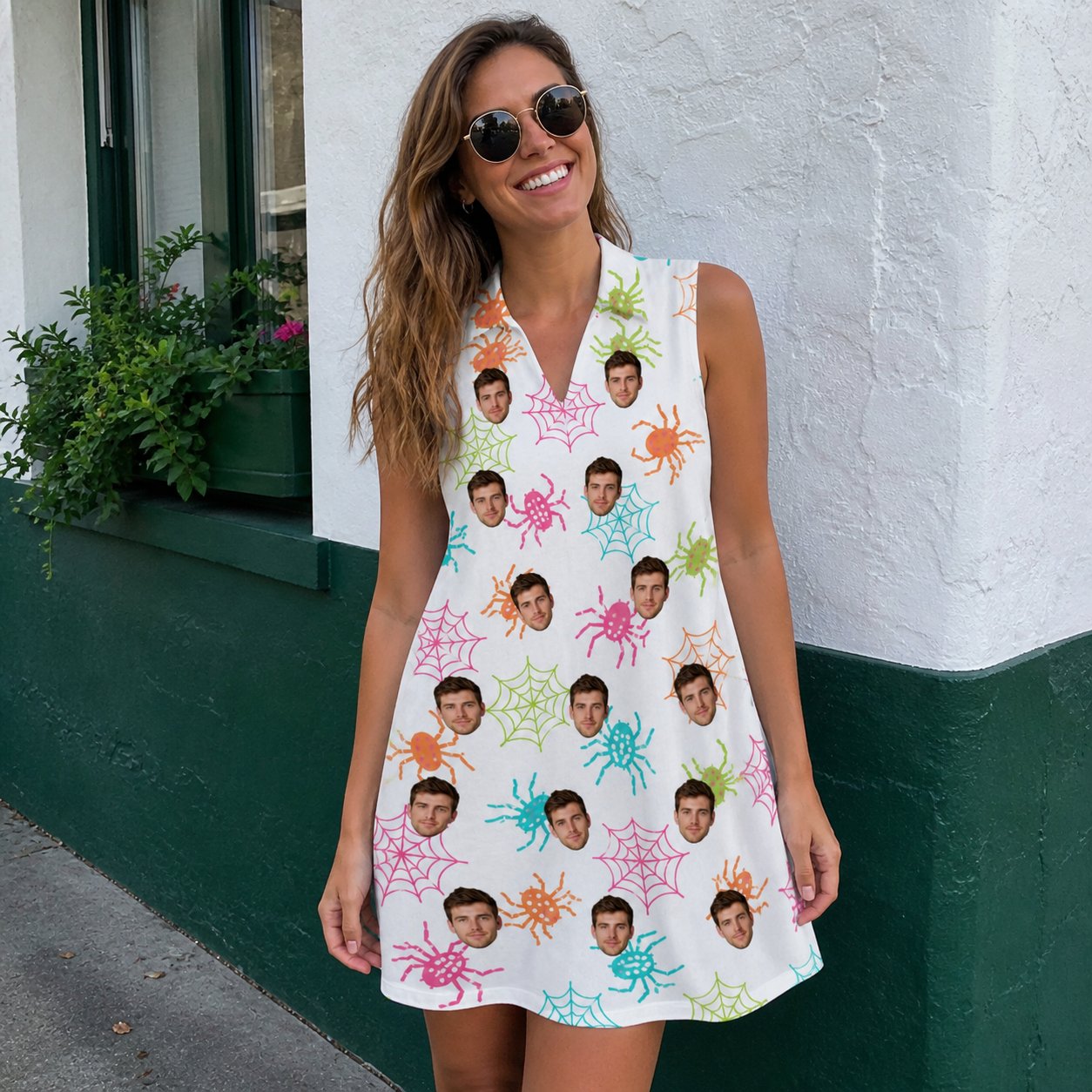 Real-life photo of someone wearing Women's Threaded Thrills Custom Face V-Neck Dress — custom faces printed all-over