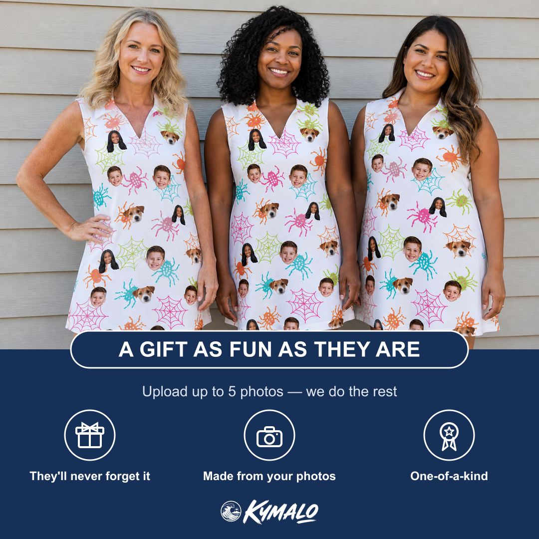 Friends in matching Women's Threaded Thrills Custom Face V-Neck Dress — a group gift photo