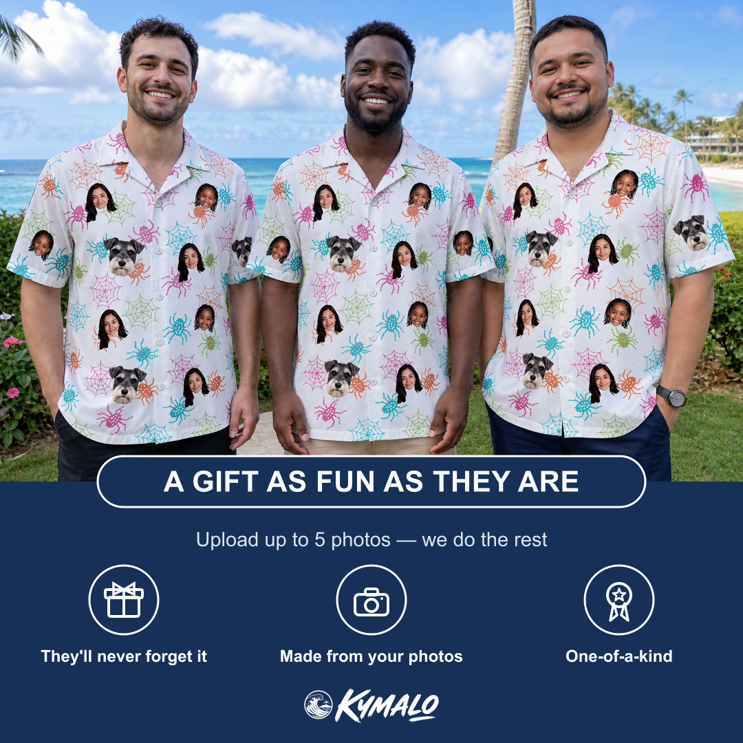 Friends in matching Men's Threaded Thrills Custom Face Hawaiian Shirt — a group gift photo
