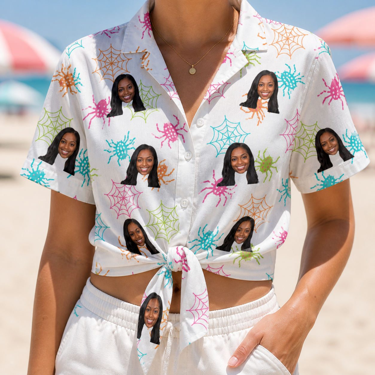 Woman wearing Women's Threaded Thrills Custom Face Hawaiian Shirt tied at the waist