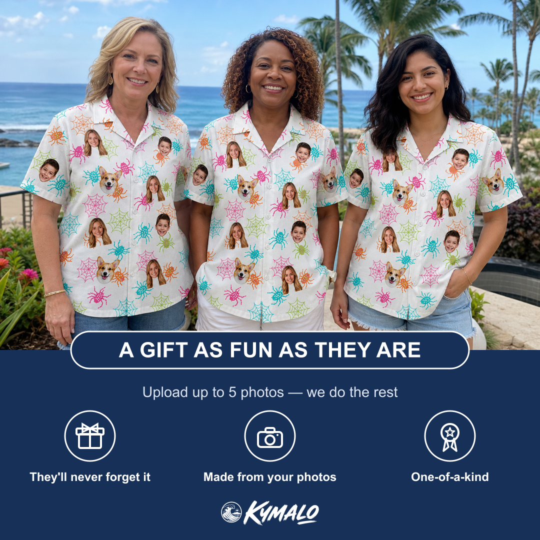 Friends in matching Women's Threaded Thrills Custom Face Hawaiian Shirt — a group gift photo