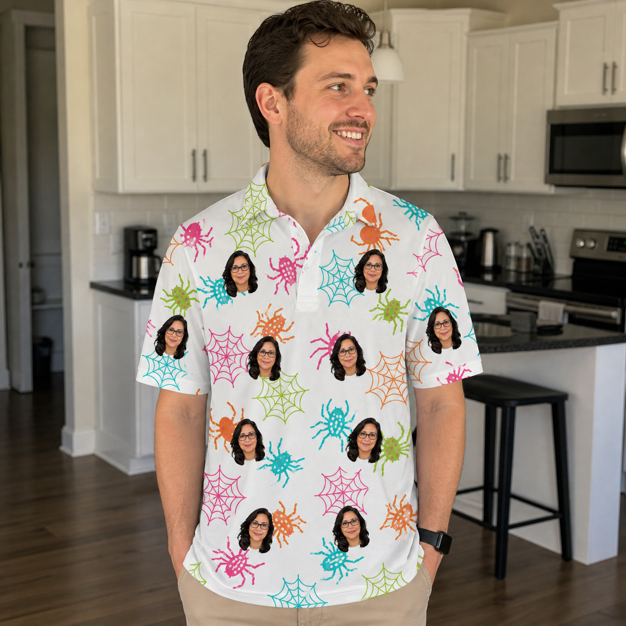 Real-life photo of someone wearing Men's Threaded Thrills Custom Face Polo Shirt — custom faces printed all-over