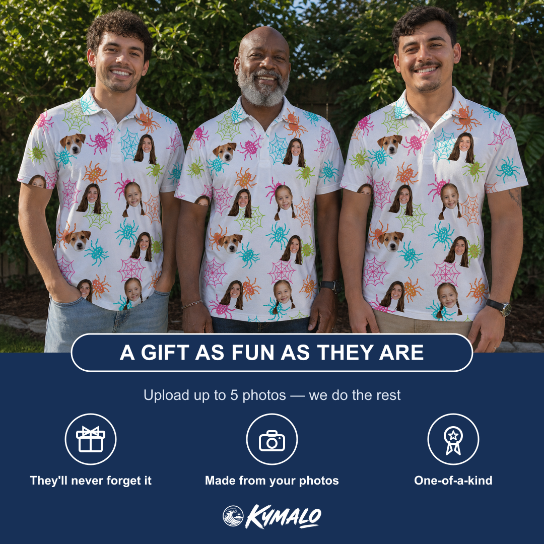 Friends in matching Men's Threaded Thrills Custom Face Polo Shirt — a group gift photo