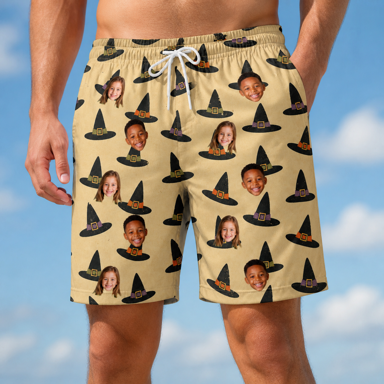 Model wearing Men's Coven Couture Custom Face Beach Shorts printed with kids' faces