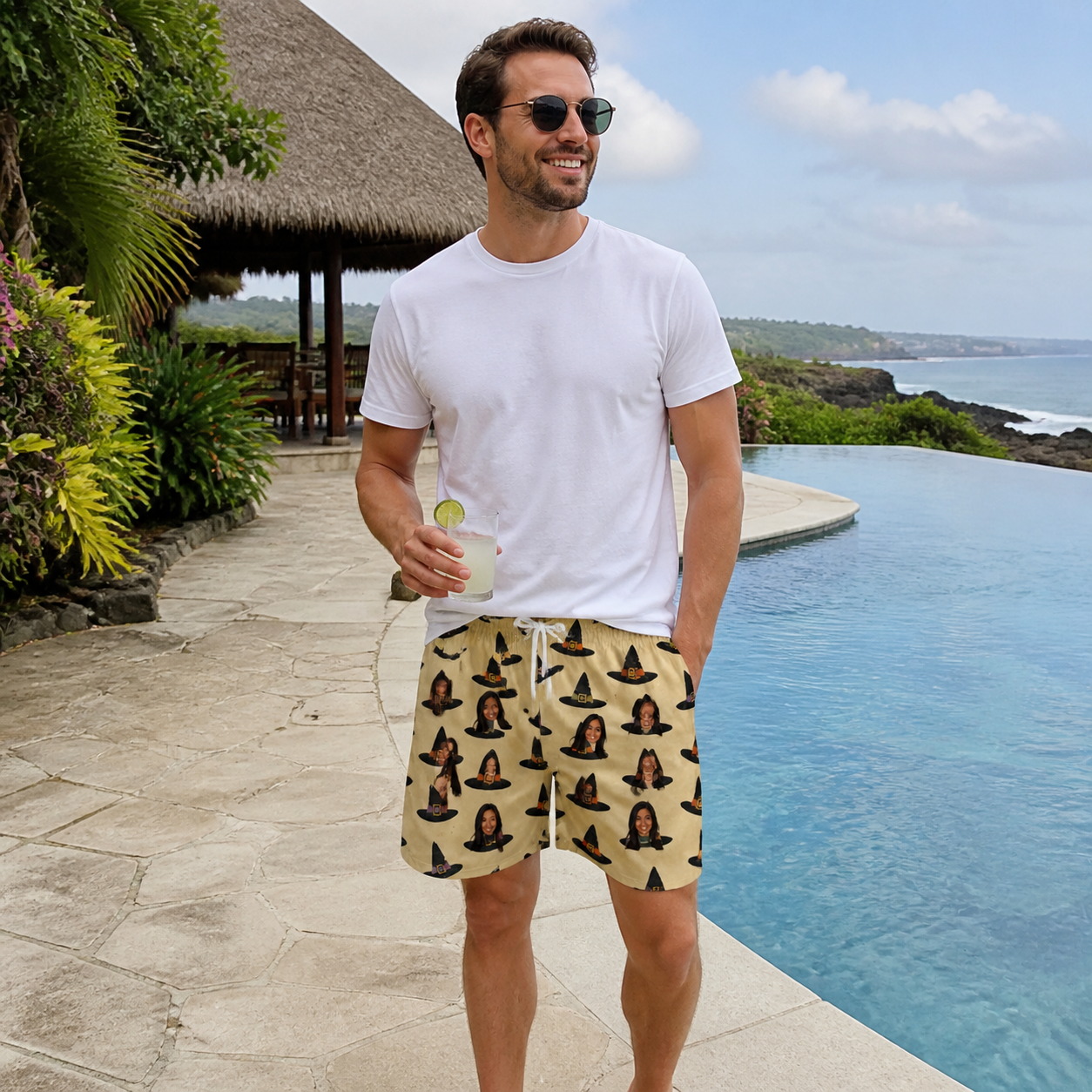 Real-life photo of someone wearing Men's Coven Couture Custom Face Beach Shorts — custom faces printed all-over