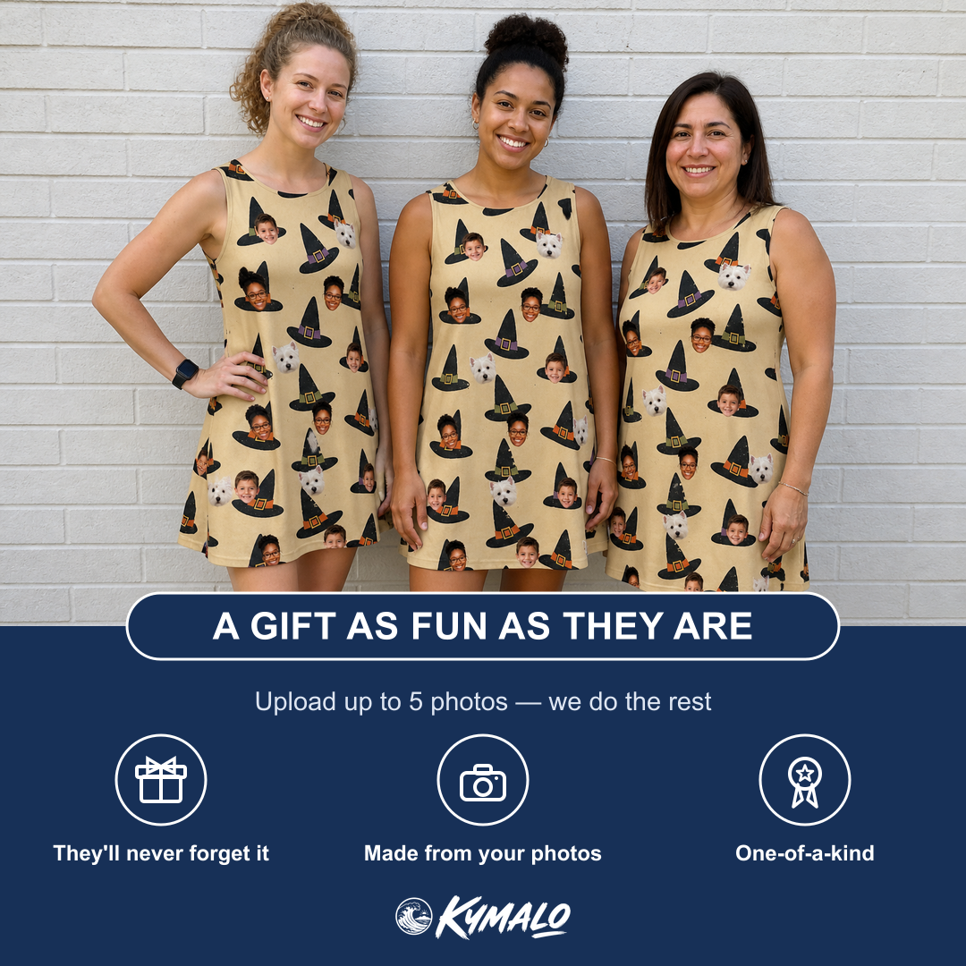 Friends in matching Women's Coven Couture Custom Face Tank Dress — a group gift photo