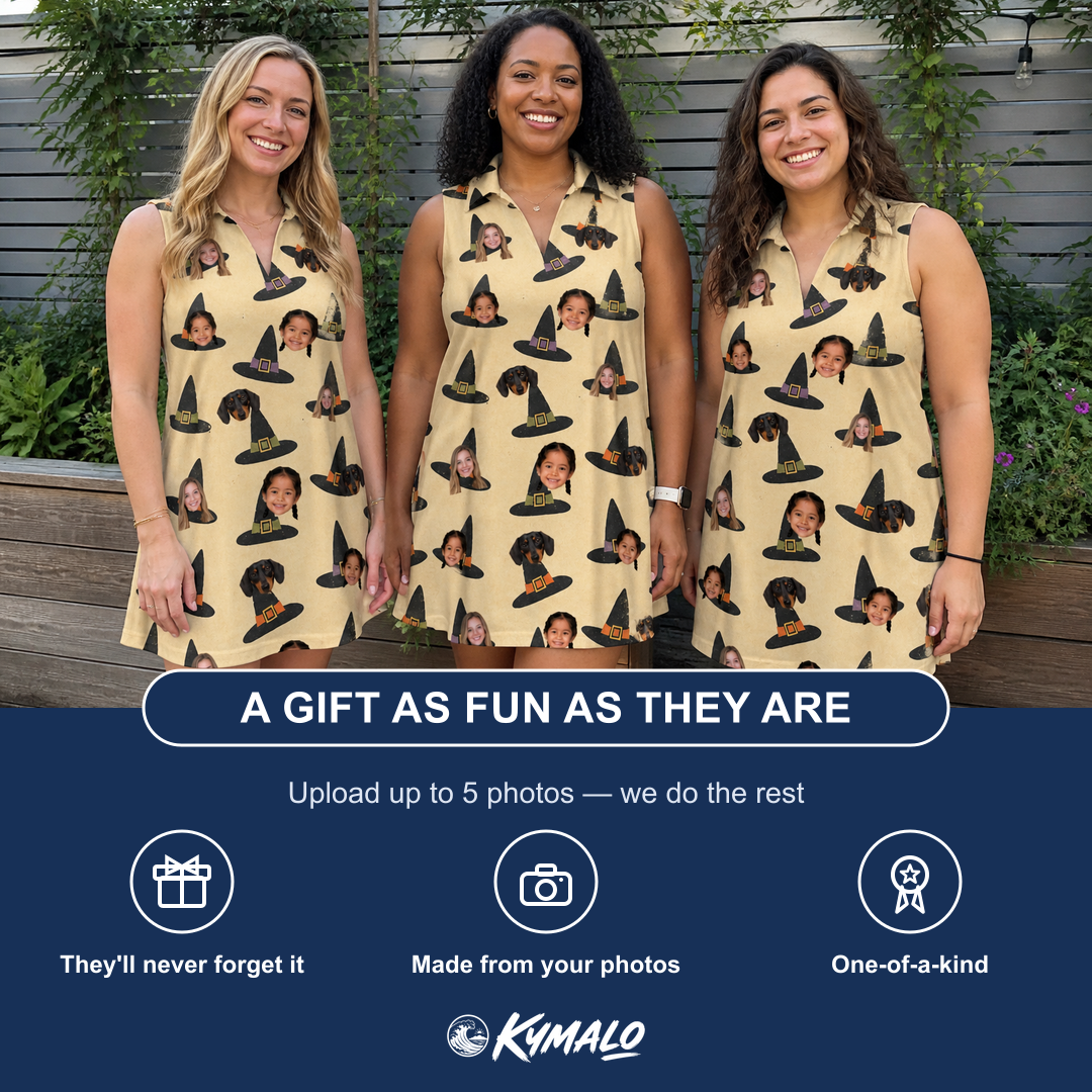 Friends in matching Women's Coven Couture Custom Face V-Neck Dress — a group gift photo