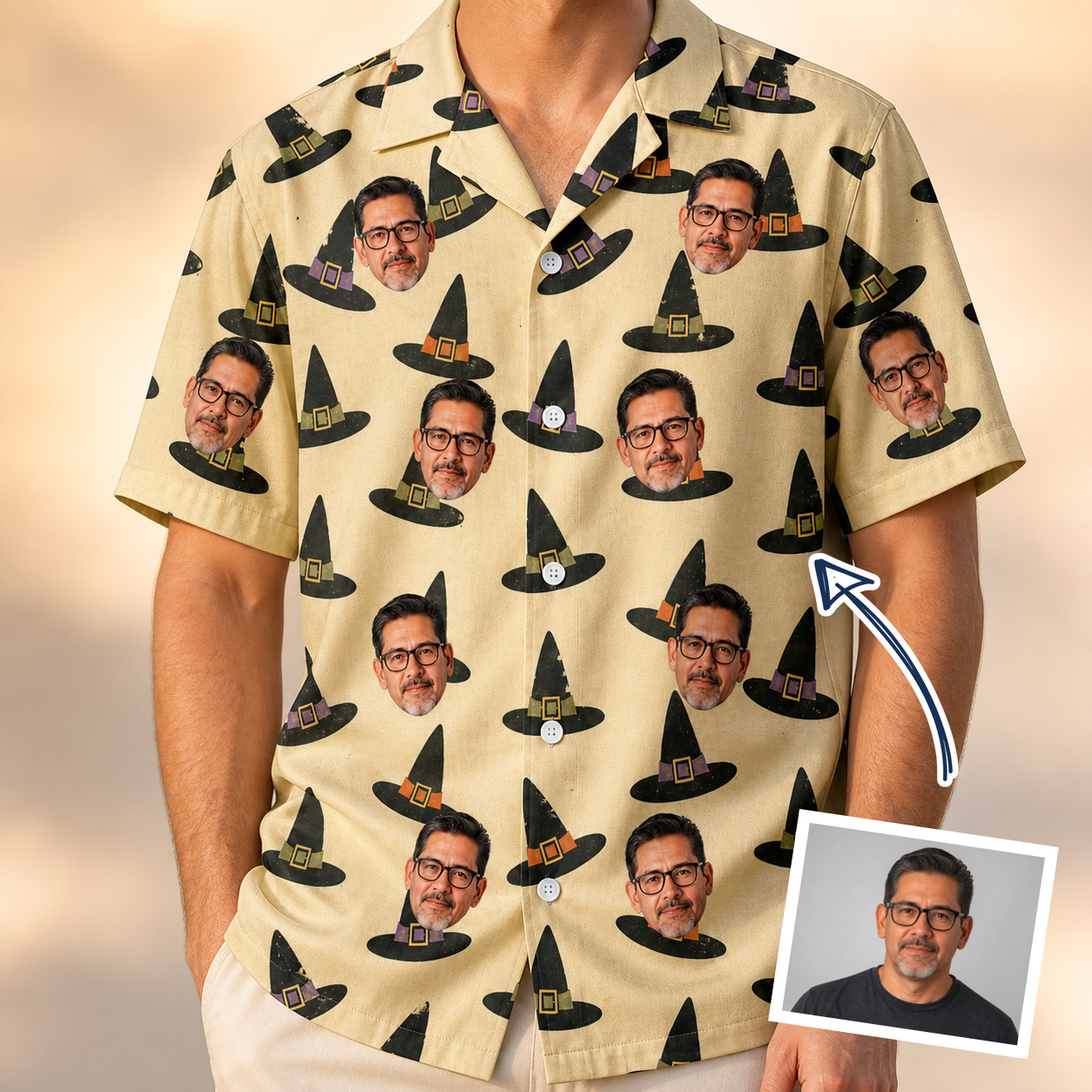 Man wearing Men's Coven Couture Custom Face Hawaiian Shirt — custom faces printed all-over